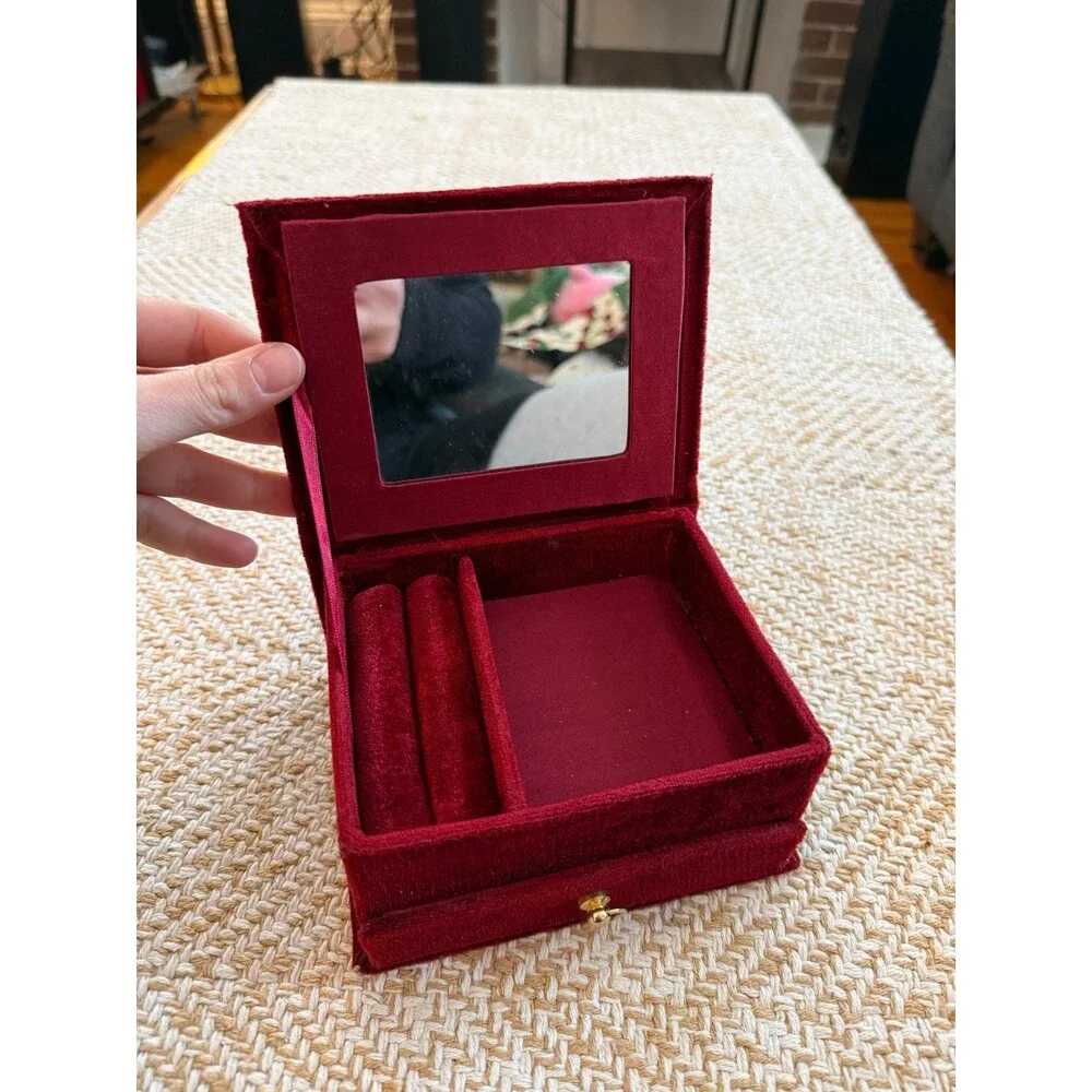 Vintage Red Velvet Jewelry Box with Mirror & Drawer